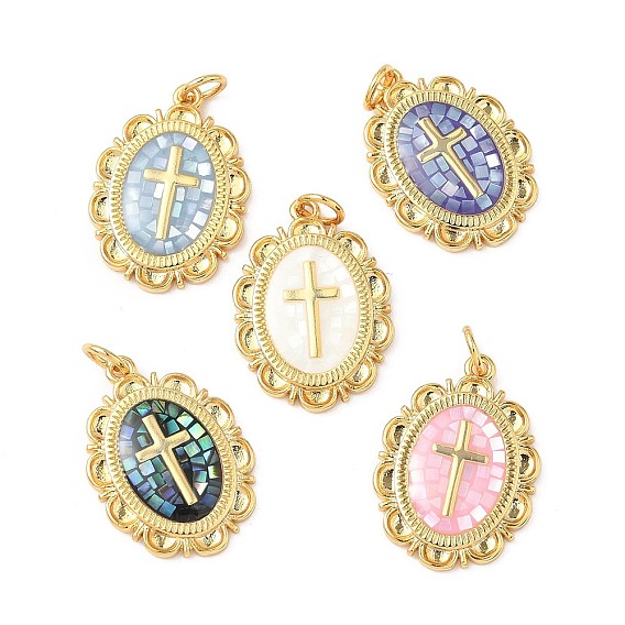 Подвески из латуни и ракушек с покрытием стойки, овальные с крестом, с эмалью, долговечный, без кадмия и без свинца, с целью перехода в кольце, реальный 18 k позолоченный