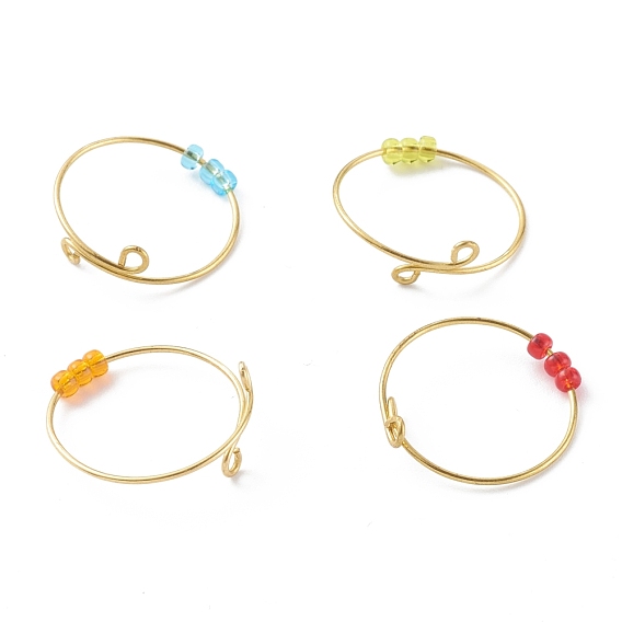 Adjustable Brass Cuff Rings, Fidget Rings, Anxiety Bead Rings, with Round Glass Beads, Golden