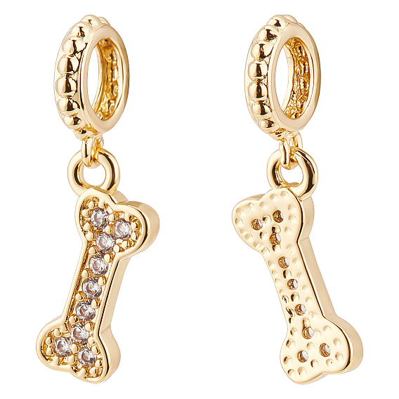 6Pcs Brass Micro Pave Grade AAA Cubic Zirconia European Dangle Charms, Large Hole Pendants, Bone, Lead Free & Nickel Free & Cadmium Free