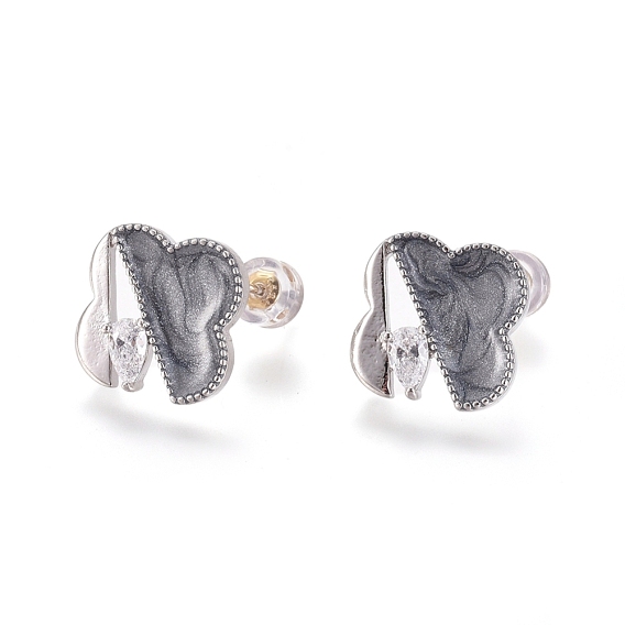 Real 18K Gold Plated Brass Stud Earring Findings, with Loop, with Clear Cubic Zirconia, Enamel and Ear Nuts, Cloud