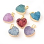 Electroplated Natural Dyed Druzy Quartz Pendants, with Brass Findings, Heart, Golden