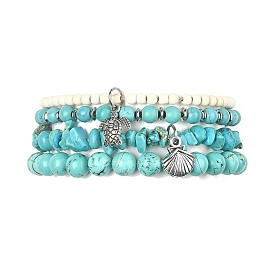 4Pcs 4 Style Synthetic Turquoise Beaded Stretch Bracelets SET, Turtle & Shell Alloy Charms Stackable Bracelets