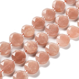 Natural Peach Moonstone Beads Strands, with Seed Beads, Faceted Hexagonal Cut, Flat Round