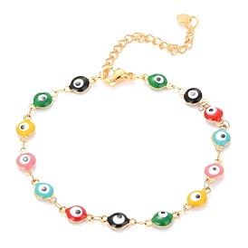 304 Stainless Steel Link Bracelets, with Enamel and Lobster Claw Clasps, Evil Eye, Colorful
