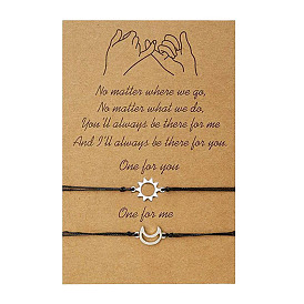Boho Sun Moon Charm Bracelet with Waxed Cord for Couples - Alloy Braided Card Hand Chain