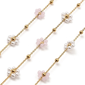 Glass & ABS Plastic Pearl Beaded Flower Link Chains, with Golden 304 Stainless Steel Satellite Chains, Soldered, with Spool