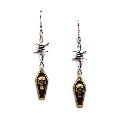 Red Enamel Coffin with Skull Long Dangle Earrings, Halloween Iron Jewelry for Women