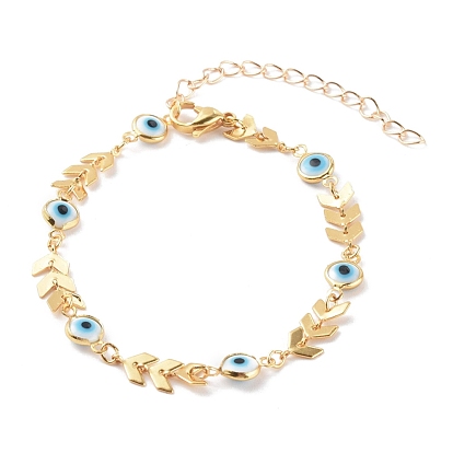Brass Cobs Chain Bracelets, with Evil Eye Glass Enamel Links, White