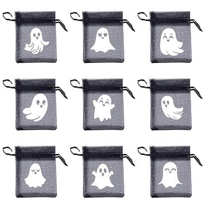 Подарочные пакеты из органзы с принтом призрака на Хэллоуин с завязкой, мешочки для украшений, подарочные пакеты на свадьбу, вечеринку, хэллоуин, прямоугольные
