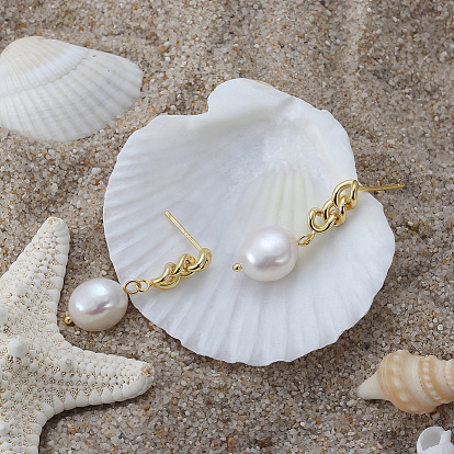 925 Sterling Silver Chains Dangle Stud Earrings, Natural Pearl Tassel Earrings, with S925 Stamp