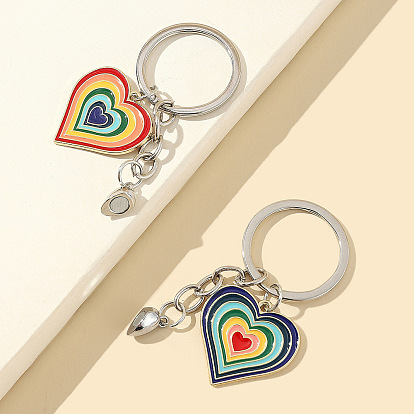Alloy Enamel Rainbow Color Heart Pendant Keychains, Magnetic Heart Clasp Couple Keychain