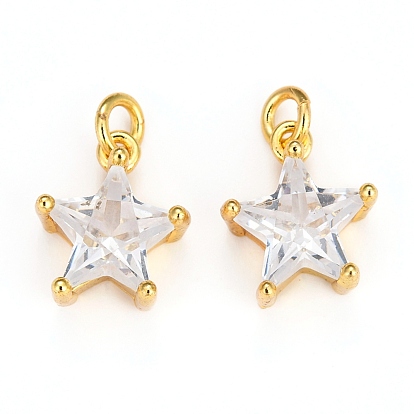 Brass Charms, with Clear Cubic Zirconia and Jump Rings, Long-Lasting Plated, Star