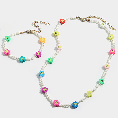 Summer Trendy Acrylic Pearl Necklace and Handmade Clay Smiley Face Bracelet Set for Women
