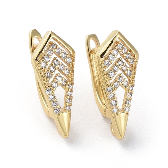 Brass Micro Pave Cubic Zirconia Hoop Earring Findings with Latch Back Closure, with Horizontal Loop, Rhombus, Clear