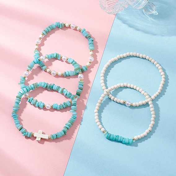 5 шт. 5 стили браслеты из натуральных пресноводных ракушек с бусинами, с синтетической бирюзой для женщин