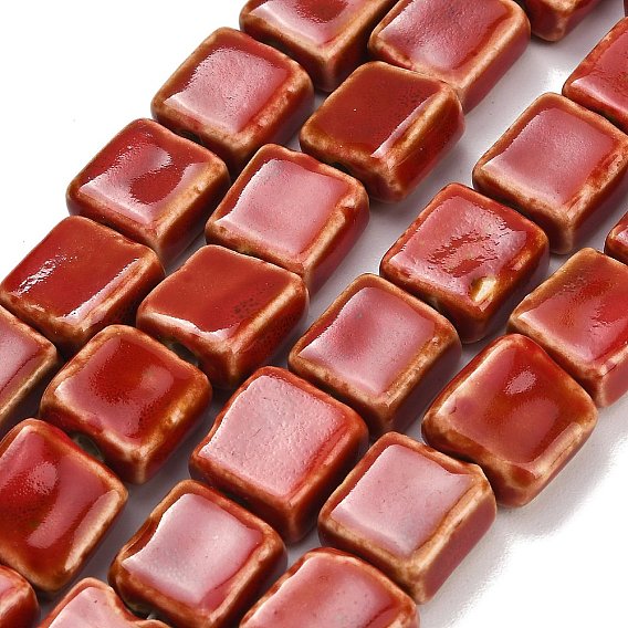 Handmade Porcelain Beads Strands, Bright Glazed Porcelain, Square