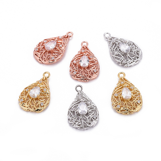 Brass Micro Pave Cubic Zirconia Pendants, Teardrop, Clear