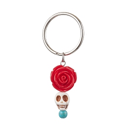 Flower Resin & Synthetic Turquoise Keychain, with Iron Findings, Skull