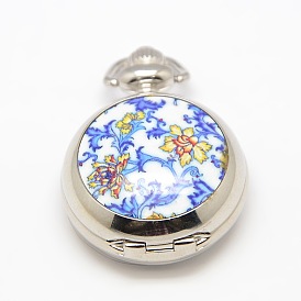 Openable Flat Round Alloy Flower Printed Porcelain Quartz Watch Heads for Pocket Watch Necklaces Making, 40x29.5x15mm