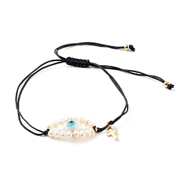 Adjustable Nylon Thread Braided Bead Bracelets, with 304 Stainless Steel Cross Charms and Evil Eye Natural Freshwater Shell Beads, Evil Eye Lampwork Round Beads