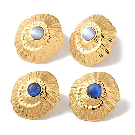 Golden Ion Plating(IP) 304 Stainless Steel Stud Earrings for Women, with Cat Eye, Nuggets With Textured