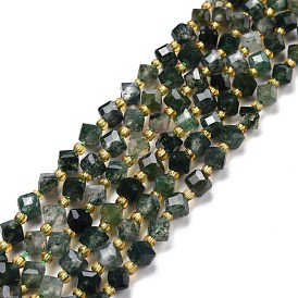 Natural Moss Agate Beads Strands, with Seed Beads, Faceted, Diagonal Cube Beads