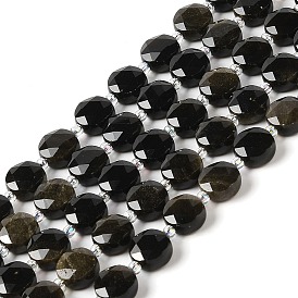 Natural Golden Sheen Obsidian Bead Strands, Faceted, Flat Round