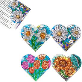 DIY Flower Heart Bookmark Diamond Painting Kit, Including Resin Rhinestones Bag, Diamond Sticky Pen, PU Leather, Tray Plate and Glue Clay