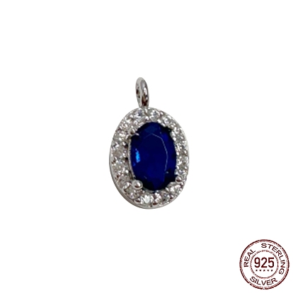 Rhodium Plated 925 Sterling Silver Pendants, with Dark Blue Cubic Zirconia, Oval Charm