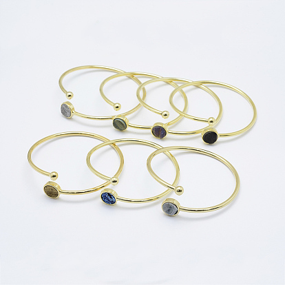 Brass Cuff Bangles, with Natural Druzy Agate, Flat Round