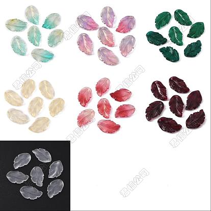 10 Pendentifs en verre tchèque transparents faits à la main, une feuille d'or, charmes de feuilles