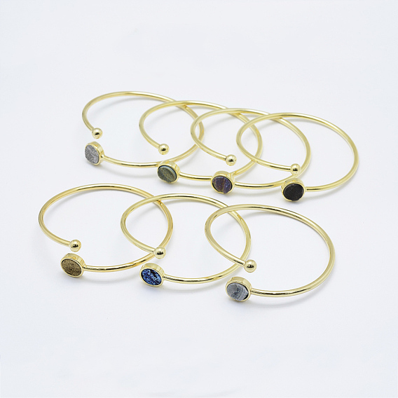 Brass Cuff Bangles, with Natural Druzy Agate, Flat Round
