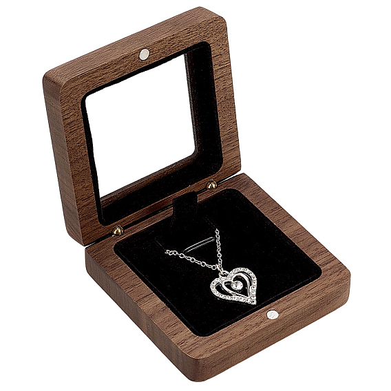 Wood Brooch Storage Magnetic Boxes with Acrylic Window, Square