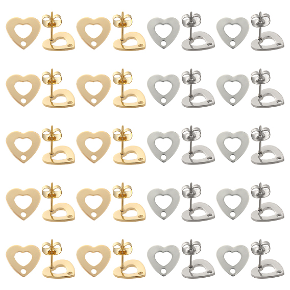 40шт. 2 цвет 201 фурнитура для сережек-гвоздиков в форме сердца из нержавеющей стали, с отверстием и 316 штифтом из нержавеющей стали и 40 ушными гайками