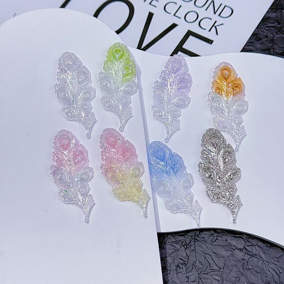 Кабошоны из светящейся непрозрачной смолы, перо, с блеском порошок, светится в темноте