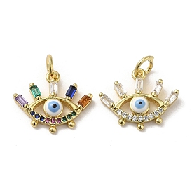 Brass Micro Pave Cubic Zirconia Pendants, with Enamel and Glass, with Jump Ring, Real 18K Gold Plated, Evil Eye