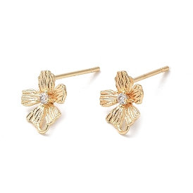 Brass Micro Pave Cubic Zirconia Stud Earring Finding, Flower, with Horizontal Loop, Nickel Free