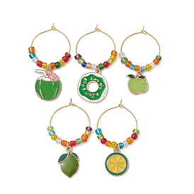 Fruit Alloy Enamel Wine Glass Charms, with Glass Beads and Brass Wine Glass Charm Rings