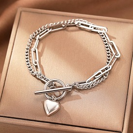 304 Многослойные браслеты из нержавеющей стали с панцирными цепочками и скрепками, браслеты с подвесками для женщин, сердце