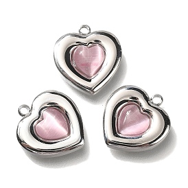 Cat Eye Charms, with 304 Stainless Steel Findings, Heart