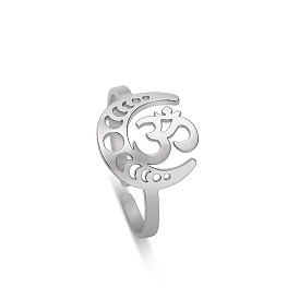 Hollow Moon Phase Stainless Steel Cuff Rings, Om Symbol Open Ring for Women