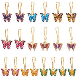 20 pièces 10 styles pendentifs papillon en alliage émaillé avec poudre pailletée, avec des fermoirs porte-clés en fer, or