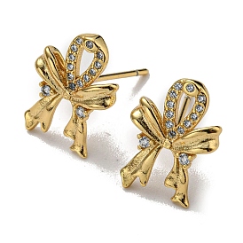 Rack Plating Brass Bowknot Stud Earrings with Cubic Zirconia, Lead Free & Cadmium Free