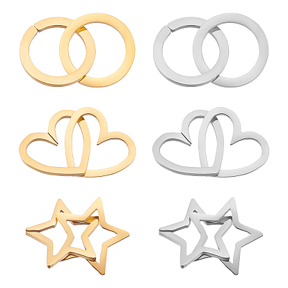 6Sets 6 Styles 201 Stainless Steel Linking Rings, Quick Link Connectors, Laser Cut, Double Ring & Double Star & Double Heart