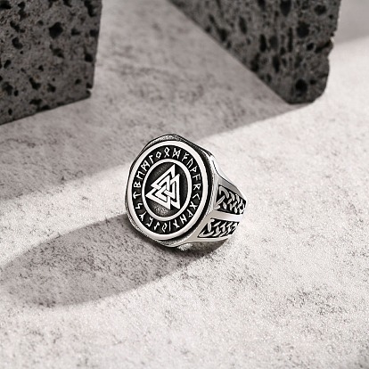 Stainless Steel Rune Words Viking Amulet Finger Ring, Triangle Signet Rings