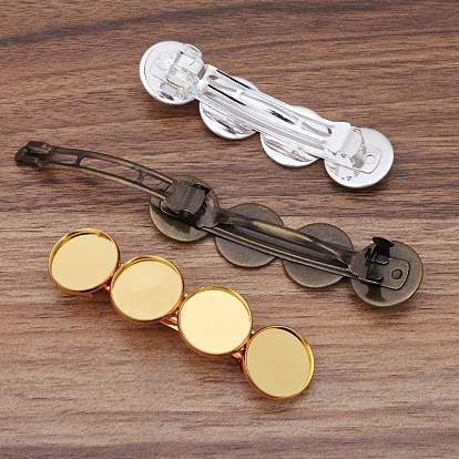 Iron Hair Barrette Findings, with Brass Flat Round Bezel Settings