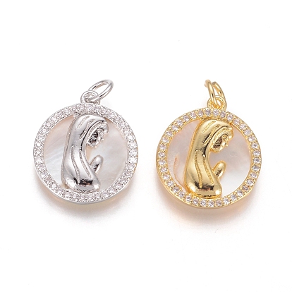 Brass Pendants, with Micro Pave Cubic Zirconia, Shell and Jump Rings, Flat Round with Virgin Mary, Clear