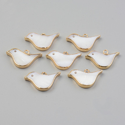 Pendentifs en coquille d'eau douce naturelle galvanoplastie, avec les accessoires en laiton dorés, oiseau