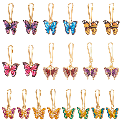 20 pièces 10 styles pendentifs papillon en alliage émaillé avec poudre pailletée, avec des fermoirs porte-clés en fer, or