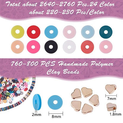 2400Pcs Single Colors Handmade Polymer Clay Beads, Heishi Beads, with 2 Strands Colorful Polymer Clay Beads and 5Pcs Heart Brass Beads